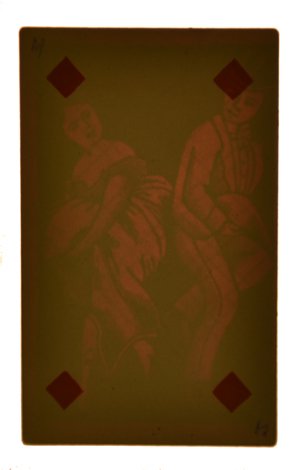 Translucent Pack of Playing Cards. French, ca. 1870.: Translucent Pack of Playing Cards. French, ca. 1870. 52. Not an erotic pack; instead, the figures, when backlit, seem to be performing acrobatic acts. Courts not translucent. VG+. Many cards with inke