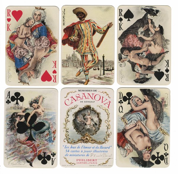 Philibert “Memoires De Casanova” Pack of Playing Cards.: Philibert “Memoires De Casanova” Pack of Playing Cards. Paris, ca. 1960. 52 + 2J + Title Card. A semi-erotic pack designed by Emile Becat whose signature is on the Title Card. NM. Fournier (156) #