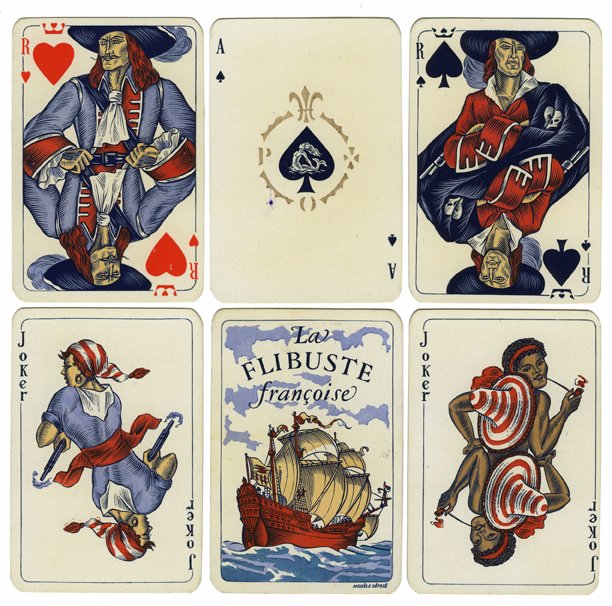 Philibert “La Flibuste Francoise” Pack of Playing: Philibert “La Flibuste Francoise” Pack of Playing Cards. Paris, ca. 1958. 52 + 2J. Designed by G. Delluc. NM. Fournier (156) #415.