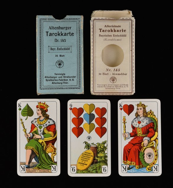 Altenburger “Nr. 145 Tarokkarte” Playing Cards.: Altenburger “Nr. 145 Tarokkarte” Playing Cards. Altenburg, Germany, ca. 1900. 36/36 + Wrapper + OB (missing top flap). NM.