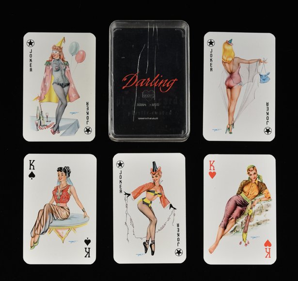 Joker “Darling Pin-Up” Playing Cards. Germany, ca.: Joker “Darling Pin-Up” Playing Cards. Germany, ca. 1955. 52 + 3J + OB (plastic). Cards designed by Europe’s finest pin-up artist, Heinz Villiger. Every card different. NM.