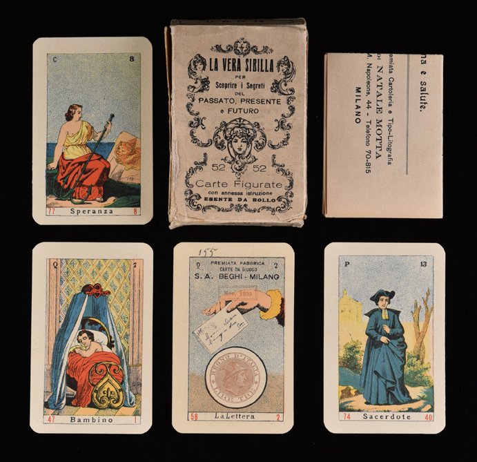 S.A Beghi “La Vera Sibilla” Fortune Telling Deck.: S.A Beghi “La Vera Sibilla” Fortune Telling Deck. Milano, Italy, ca. 1930. 52 + instruction sheet + OB. NM.