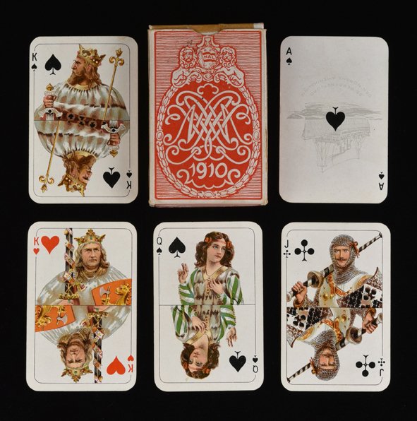 Emil Moestue “Den Norske Amerikalinje” Advertising: Emil Moestue “Den Norske Amerikalinje” Advertising Playing Cards. Oslo, Norway, ca. 1910. 52 + OB. Advertising deck for a shipping company. One of the company’s ships is shown on each Ace. Exc. 