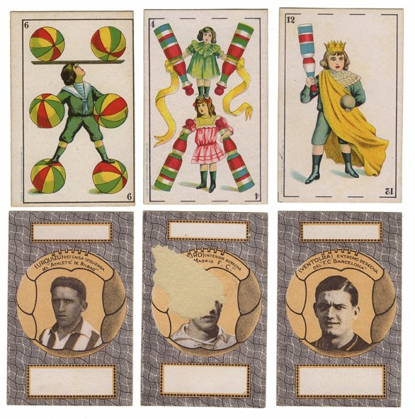 Francisco Madriguera, “Spanish Soccer Stars”.: Francisco Madriguera, “Spanish Soccer Stars”. Barcelona, Spain, ca. 1930. 40/40. Damage to the following backs due to album mounting: K of Cups, K of Balls, 4 of swords, Jack of swords, Queen of s