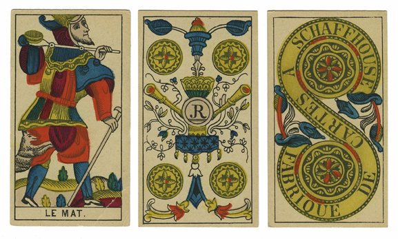 Johannes Müller II. “Classic Tarot” Pack, Schaffhausen,: Johannes Müller II. “Classic Tarot” Pack, Schaffhausen, Switzerland, ca. 1880. 78. The Four of Coins has a large monogram “JR” in the center of the design. Exc. (Le Mat corner crease). Kaplan