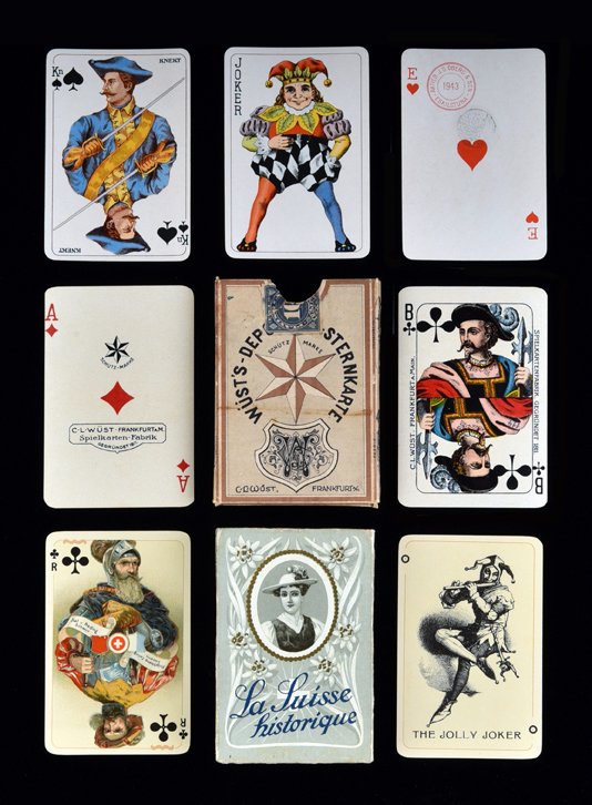 Three Vintage Decks. 1) J.O. Oberg & Son “Royalty: Three Vintage Decks. 1) J.O. Oberg & Son “Royalty Deck”, Eskilstuna, Sweden, ca. 1943 (tax stamp). 52 + J. Courts represent the “VASA” dynasty. Gustav I, II, III and Charles XII and their Quee