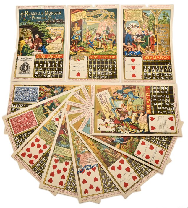 Complete 1889 Russell & Morgan Calendar. Cincinnati,: Complete 1889 Russell & Morgan Calendar. Cincinnati, OH. All twelve sheets have a playing card from the Army and Navy decks of the period, as well as scenes depicting people playing cards. On the back