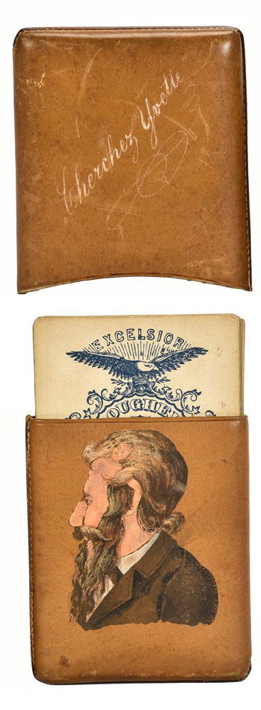 Leather Card Case “Chercher Yvette” With Hand Painted: Leather Card Case “Chercher Yvette” With Hand Painted Man’s Head with Nude woman. Circa 1890. May have held cigarillos or cigarettes. Inside are nineteen Dougherty “Excelsior” playing cards