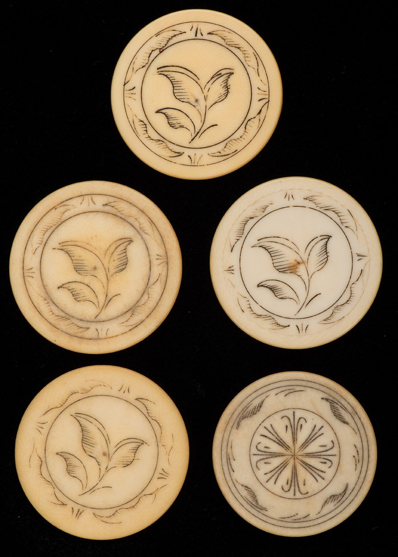 Five Ivory Poker Chips. American, ca. 1880. Four with a (1 of 2)