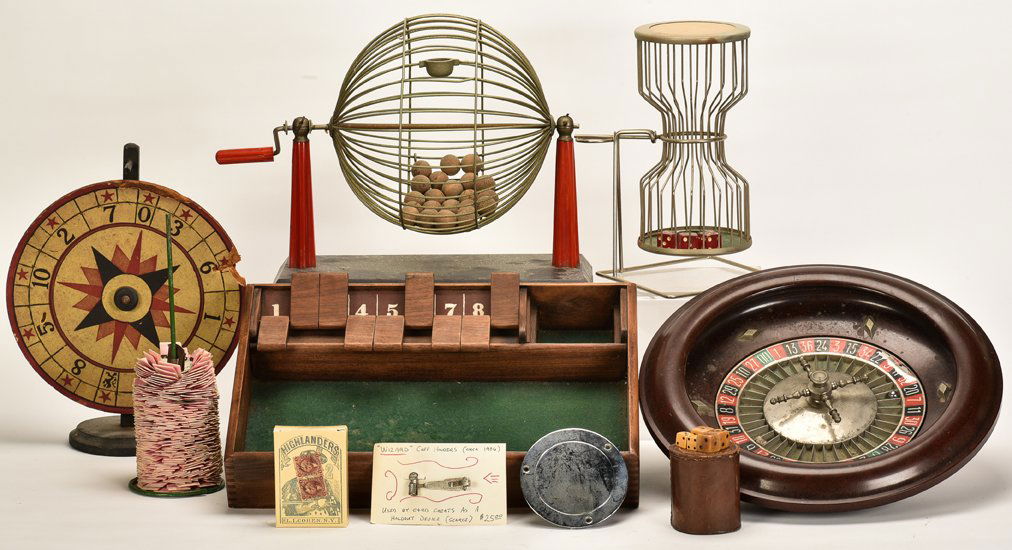Box Lot of Many Gambling Items. Including a Bingo Cage, (1 of 2)