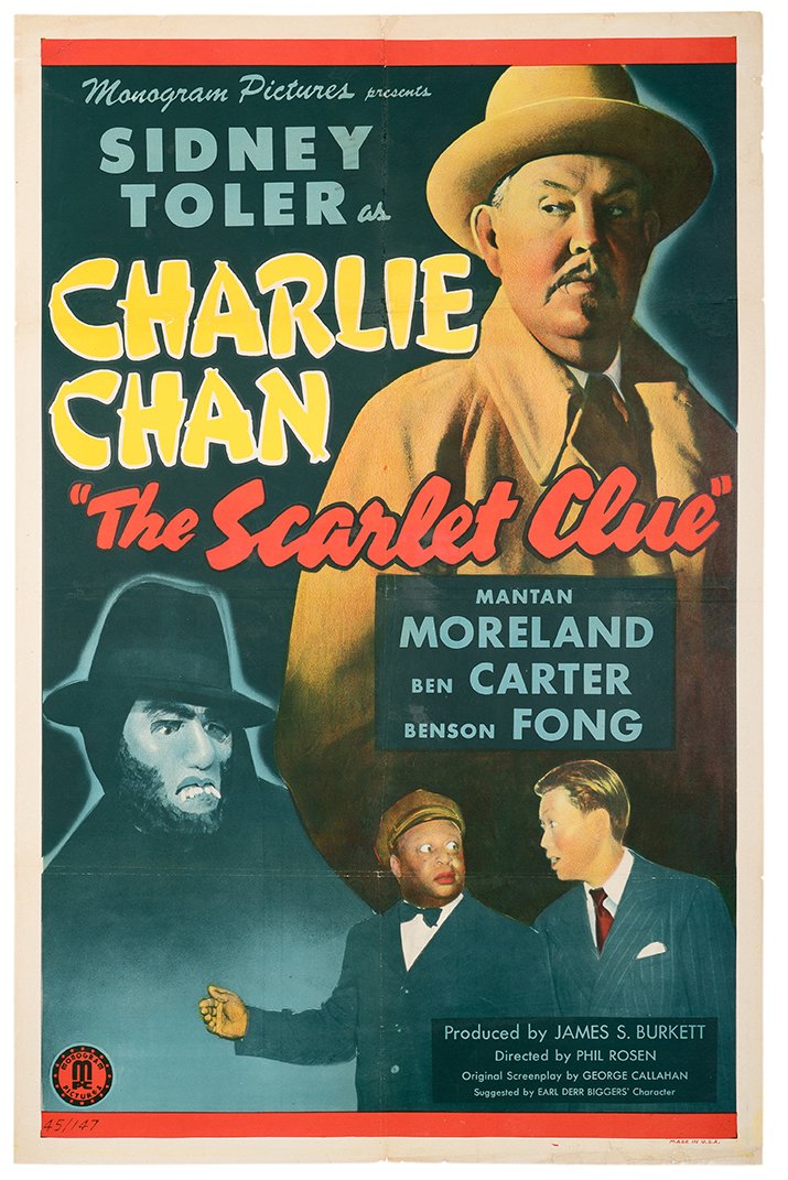 The Scarlet Clue. Monogram, 1945. One-sheet (27 x 41”).: The Scarlet Clue. Monogram, 1945. One-sheet (27 x 41”). Starring Sidney Toler as Charlie Chan, the detective, and Mantan Moreland in this World War II mystery. Bottom border professionally restored.
