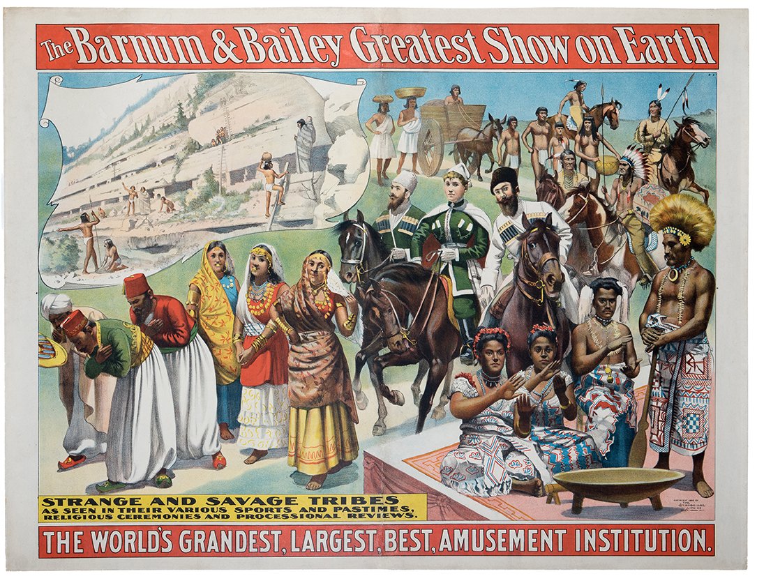 Barnum and Bailey/ Strange and Savage Tribes.: Barnum and Bailey/ Strange and Savage Tribes. Cincinnati: Strobridge Litho, 1895. One-sheet (40 x 30”) advertising “The Barnum and Bailey Greatest Show on Earth, the World’s Largest Amusement In