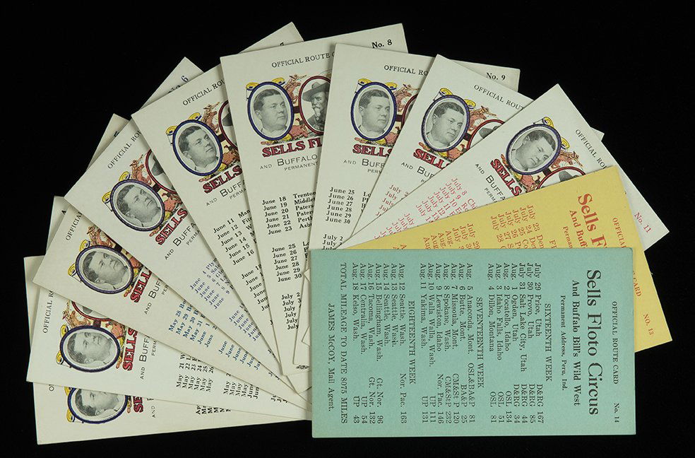 Sells Floto Circus and Buffalo Bill Wild West Route: Sells Floto Circus and Buffalo Bill Wild West Route Cards. 1928. Twenty-three different route cards, from No. 2 to No. 25, or the third week to the thirtieth week. Scarce near complete set. Very good.