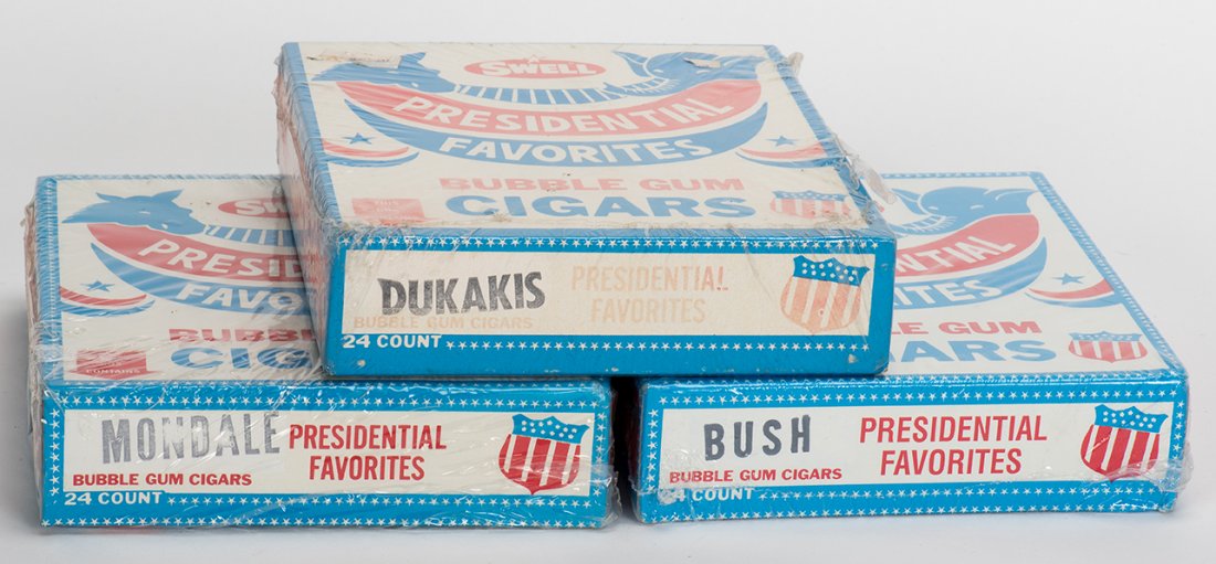 550. Three Boxes of Swell Presidential Favorites Bubble: 550. Three Boxes of Swell Presidential Favorites Bubble Gum Cigars. 1980s. Including mint, unopened boxes for Michael Dukakis, Walter Mondale, and George H.W. Bush.