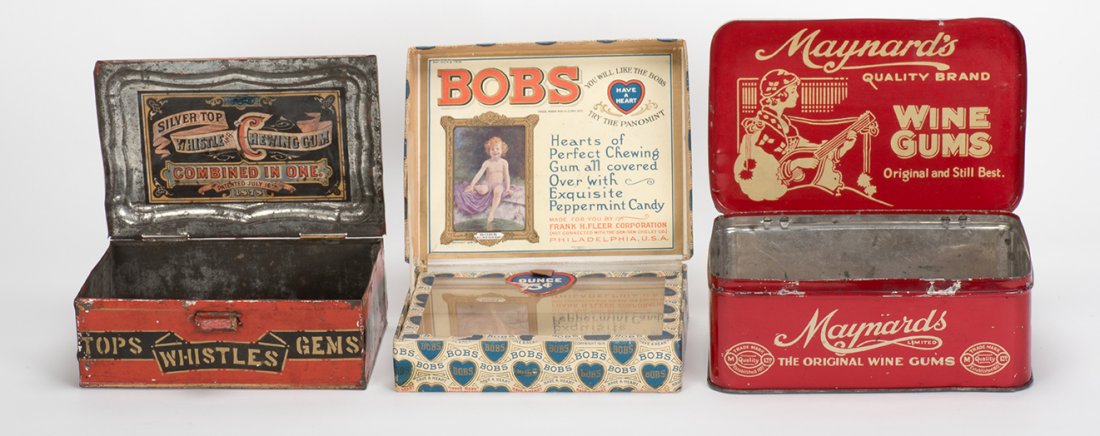 567. Three Vintage Chewing Gum Boxes. Including a Bobs: 567. Three Vintage Chewing Gum Boxes. Including a Bobs “Have a Heart” cardboard and glass gum box, ca. 1917, with great graphics on inside of lid, very good; a tin “Silver Top & Whistle Chewing 
