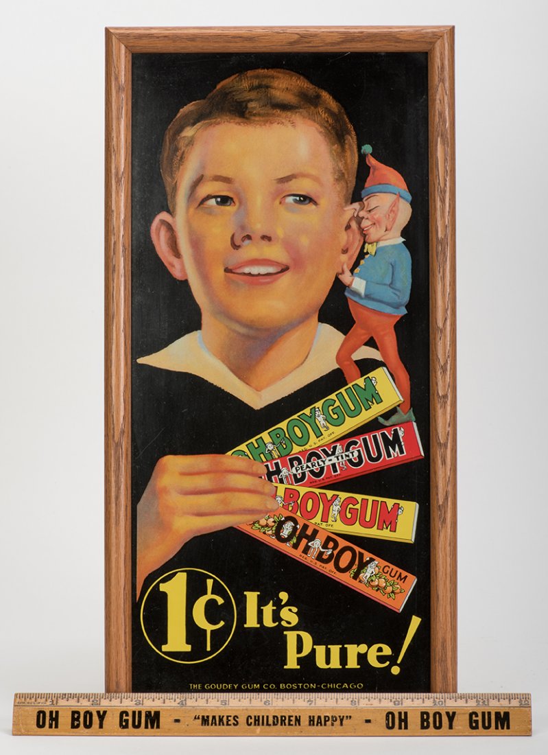 577. Two Goudy Gum Co. Oh Boy Gum Items. Including a: 577. Two Goudy Gum Co. Oh Boy Gum Items. Including a tin litho “Oh Boy Gum” sign, framed to an overall size of 16 x 8 ¼”, and near mint; and a twelve inch ruler, “Oh Boy Gum Makes Children Ha