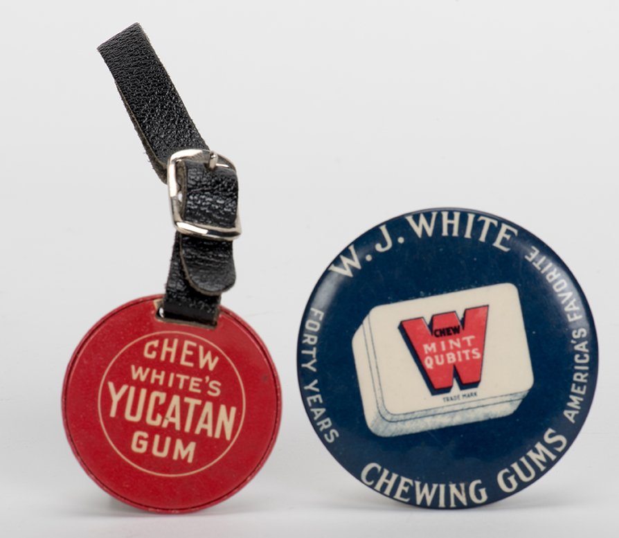 584. Two Chewing Gum Items. Including a W.J. White: 584. Two Chewing Gum Items. Including a W.J. White “Mint Qubits” pocket mirror, mirror rough but advertising excellent; and a “Chew White’s Yucatan Gum” watch fob, bearing a photo of the Fie