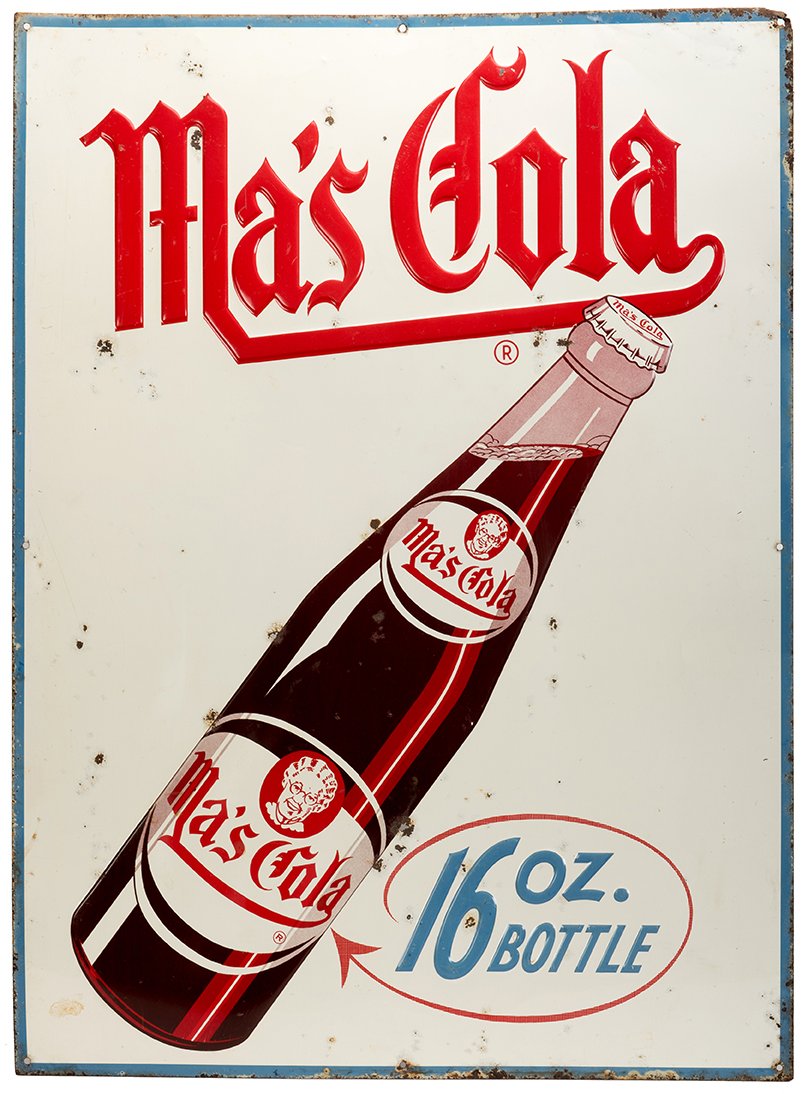 598. Ma’s Cola 16 Ounce Large Embossed Tin Advertising: 598. Ma’s Cola 16 Ounce Large Embossed Tin Advertising Sign. 32 x 23”. Rust around edges and few rust spots throughout.