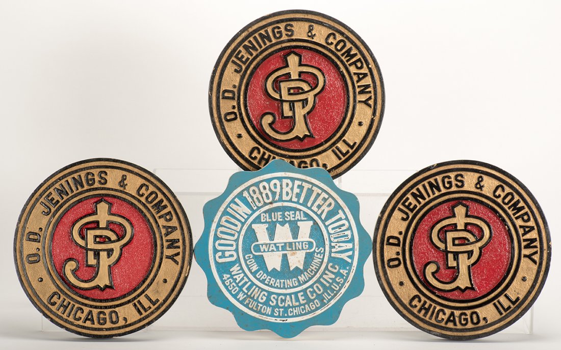 712. Four Contemporary Round Embossed Wooden Slot: 712. Four Contemporary Round Embossed Wooden Slot Machine Manufacturer’s Plaques. Including three by O.D. Jennings; and one by Watling (10”). Some slight age wear but mostly very good.