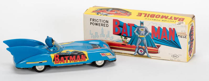 812. Batmobile Friction Toy. Japan, Aoshin, ca. 1966.: 812. Batmobile Friction Toy. Japan, Aoshin, ca. 1966. Friction-powered toy. Litho tin with plastic and vinyl. With original box (original price tag, and only minor wear). Toy 8 ¾” long, with very m