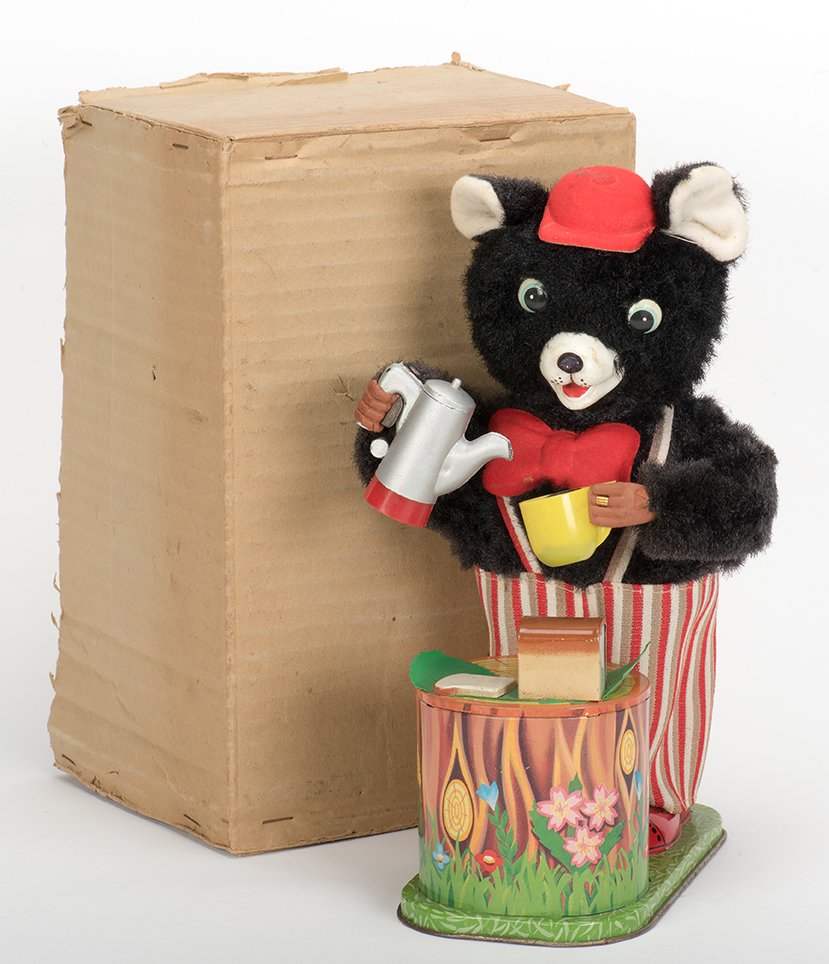 820. Maxwell the Coffee Loving Bear. Japan, Rosko,: 820. Maxwell the Coffee Loving Bear. Japan, Rosko, 1950s. Battery operated. Litho tin and fabric. 10” high. With lower half of box. Very good. Working.