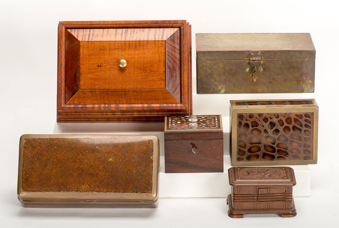 968. Assortment of Six Decorative Boxes, Coin Bank.: 968. Assortment of Six Decorative Boxes, Coin Bank. Various dates and manufacturers. Including a late nineteenth century gold sovereign coin bank, the lid hand-inlaid with mother of pearl and coral, w