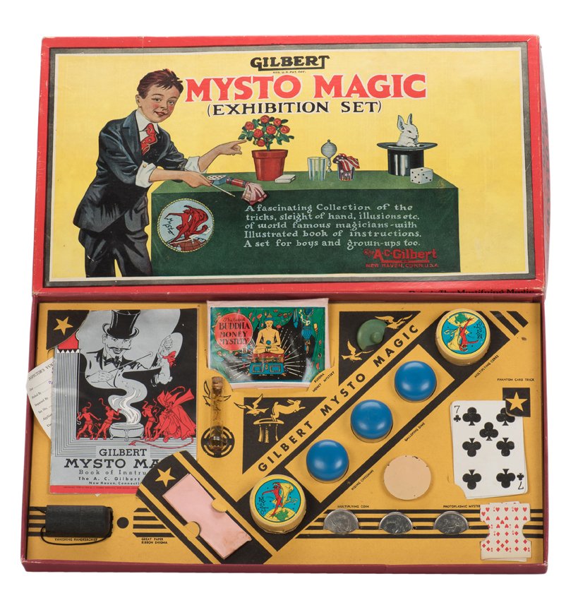 Mysto Magic Set No. 1. New Haven, A.C. Gilbert Co., ca.: Mysto Magic Set No. 1. New Haven, A.C. Gilbert Co., ca. 1938. Attractive and complete magic set from the Mysto line. With instructions and original inspector’s voucher. 18 x 10 x 1 ½”. Very good.