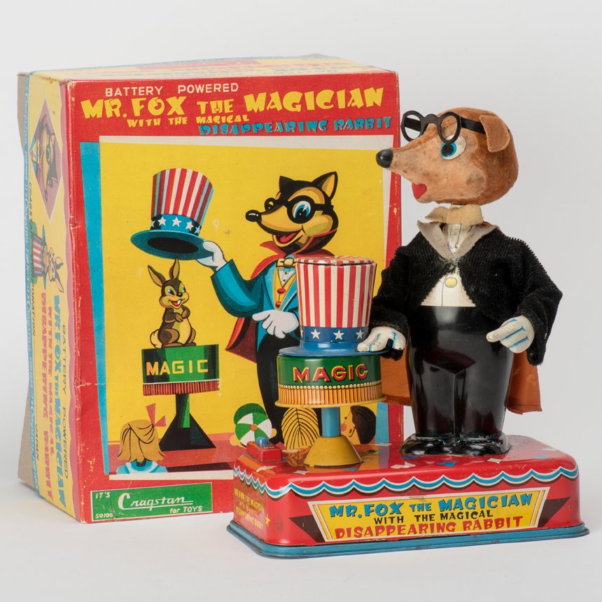 Mr. Fox the Magician with the Magical Disappearing: Mr. Fox the Magician with the Magical Disappearing Rabbit. Japan, Cragstan, 1950s. Battery operated toy. Litho tin and fabric. With original box (worn at creases). 9 ” high. Shows wear, rabbit detac
