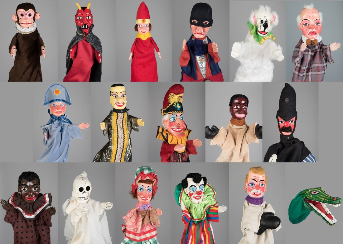 Punch and Judy Puppets. Lowestoft, Bryan Clarke, 2004.: Punch and Judy Puppets. Lowestoft, Bryan Clarke, 2004. Set of 17 Punch and Judy puppets, including many of the lesser-known and less-often seen figures, among them Jim Crow, the Devil, King, Crocodile