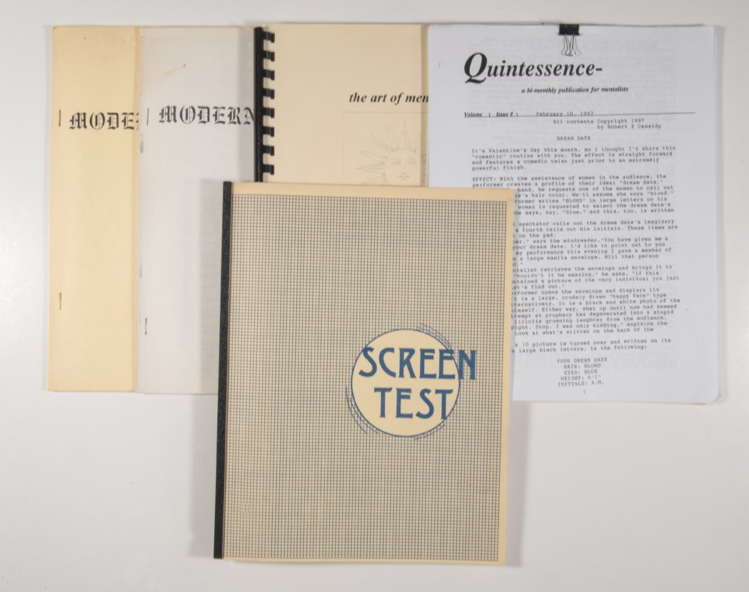 Cassidy, Bob. Group of Mentalism Booklets and: Cassidy, Bob. Group of Mentalism Booklets and Periodicals. Including V1 N1 of Quintessence (Feb 10, 1997); Glance (1980); Screen Test (1981; Number 136 from the “restricted release”); Modern Menta