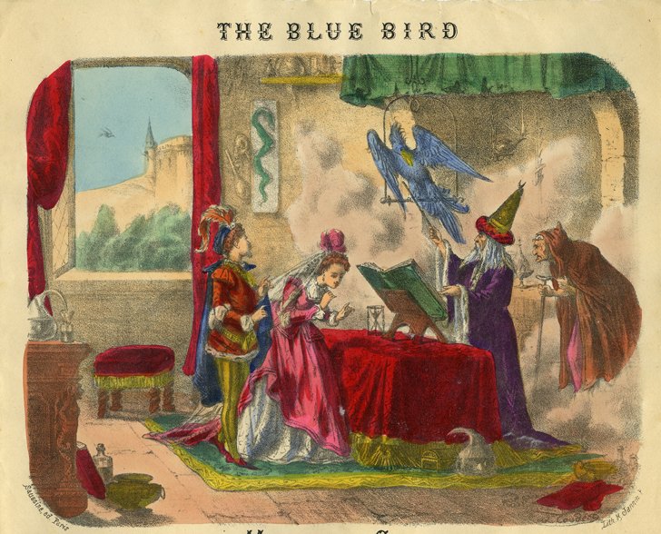 The Blue Bird. Paris, Saussine, ca. 1890. Striking: The Blue Bird. Paris, Saussine, ca. 1890. Striking color lithographed game label depicts a wizard standing behind a table which holds a book of spells. A large blue bird sits on a perch above him. 11 