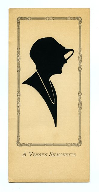 Vernon, Dai (David Frederick Wingfield Verner). Dai: Vernon, Dai (David Frederick Wingfield Verner). Dai Vernon Silhouette. Depicting a woman in a hat, wearing a necklace. Mounted to a card with a printed border and the title, “A Vernon Silhouette.”