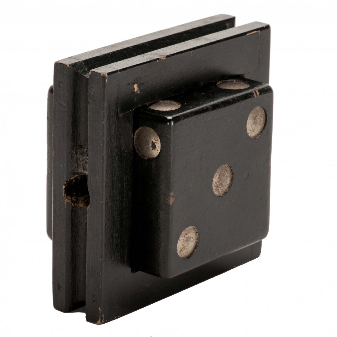 Mysto (Mysterious Die & Frame). Los Angeles: Thayer: Mysto (Mysterious Die & Frame). Los Angeles: Thayer Manufacturing Co., ca. 1930. A solid wooden die is threaded to a wooden frame through holes running through each. The die then penetrates the ribbon