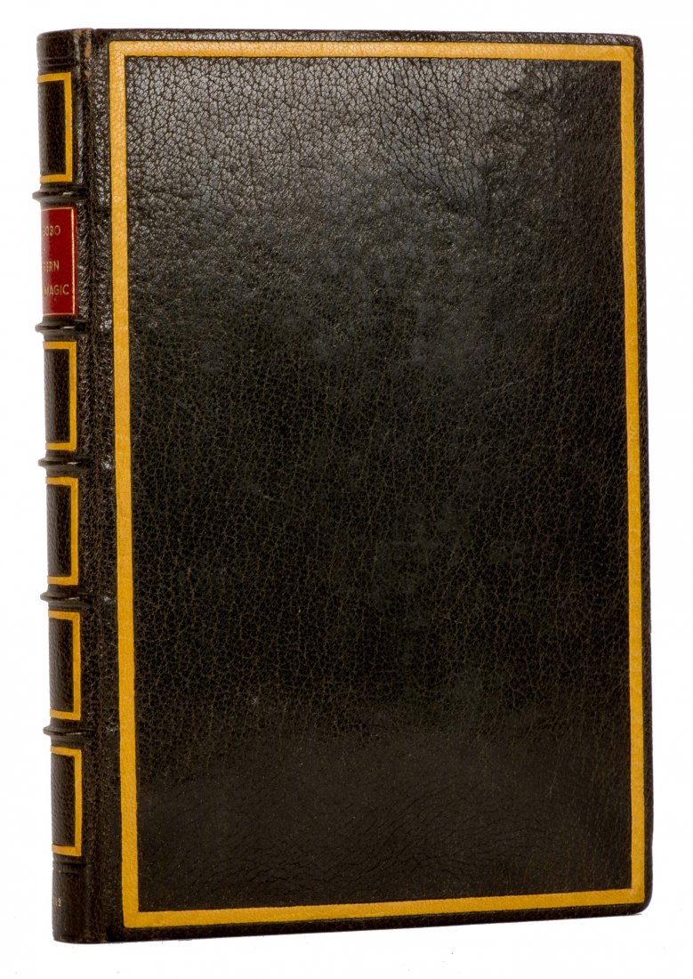 Bobo, J.B. Modern Coin Magic. New York: Dover, 1982. In: Bobo, J.B. Modern Coin Magic. New York: Dover, 1982. In a remarkable fine binding, full dark green leather with gilt-stamped raised spine, yellow border onlay around covers and spine compartments, cru