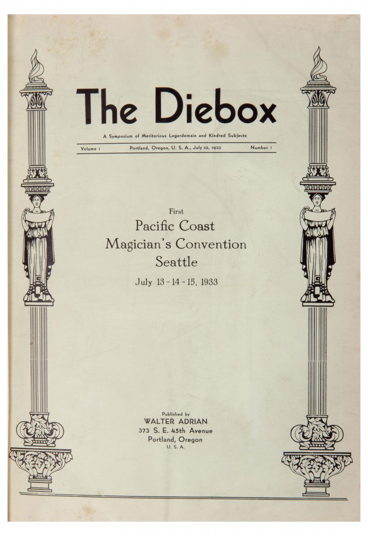 Diebox. Walter Adrian. Monthly. V1 N1 (Jul. 10, 1933) –: Diebox. Walter Adrian. Monthly. V1 N1 (Jul. 10, 1933) - V2 N3 (Sep. 1934). Complete File. Bound in a single black volume, cream cloth spine lettered in gilt. Alfredson/Daily 1965.