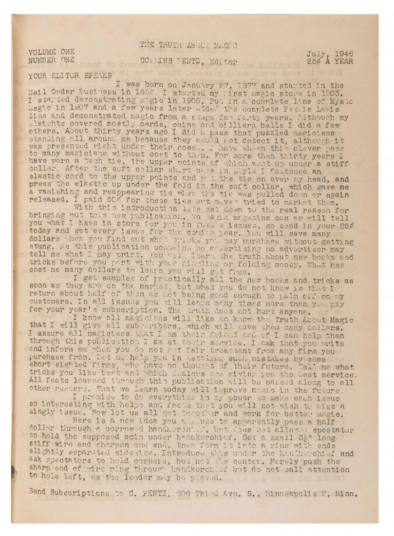 Truth About Magic. Collins Pentz. Monthly. V1 N1 (Jul. (1 of 2)