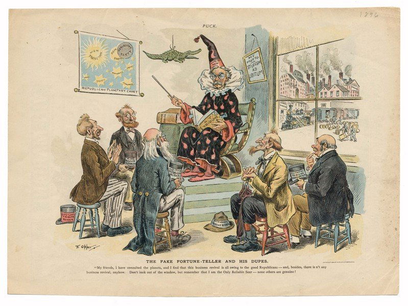 [Fortune Teller]. A Fake Fortune Teller and His Dupes.: [Fortune Teller]. A Fake Fortune Teller and His Dupes. Attractive and colorful political cartoon by F. Opper extracted from an 1896 issue of Puck poking fun at the Republican party and New York Tribun