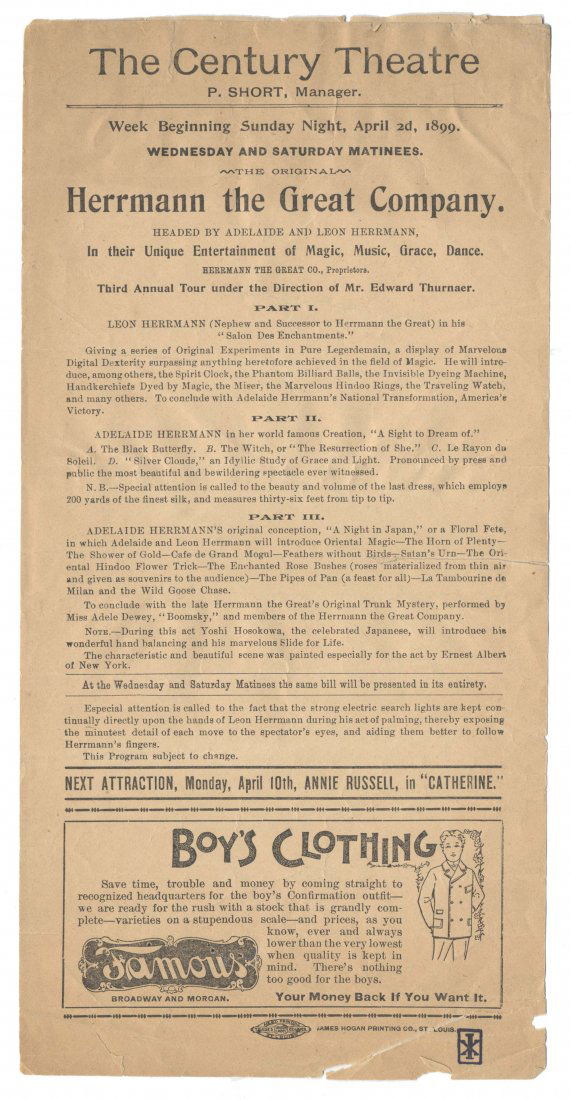 Herrmann, Leon. Leon Hermann Handbill. April, 1899. (1 of 1)