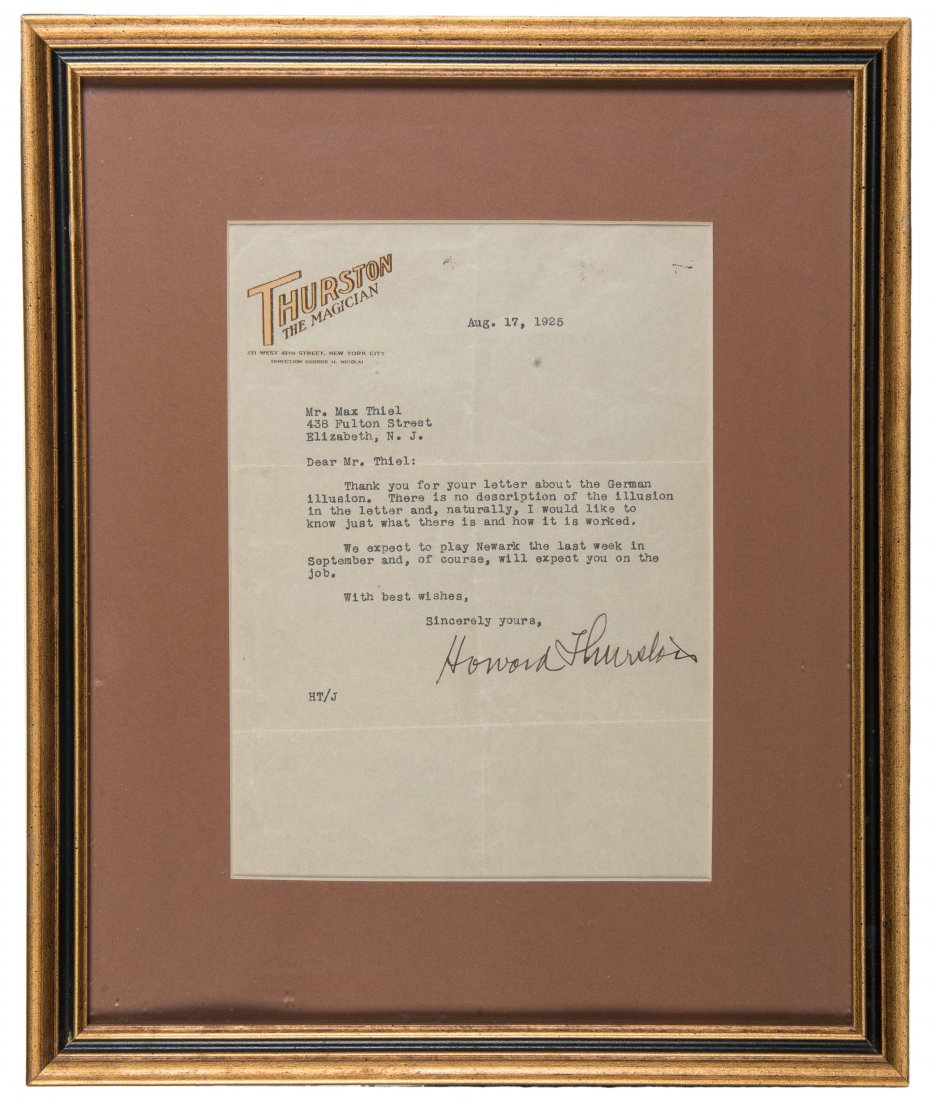 Thurston, Howard. Thurston the Magician Typed Letter (1 of 1)