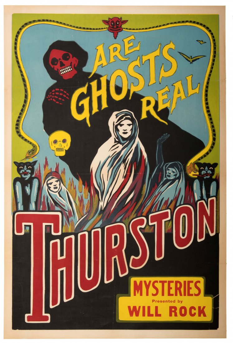 Rock, Will (William George Rakauskas). Are Ghosts Real?: Rock, Will (William George Rakauskas). Are Ghosts Real? Thurston Mysteries Presented by Will Rock. Circa 1939. One-sheet (28 x 40") color lithographed poster. Skeleton, cat and ghost in striking combi
