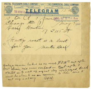 Houdini, Harry. Group of Three Telegrams from Houdini’s: Houdini, Harry. Group of Three Telegrams from Houdini’s Manager, Martin Beck, and Richard Pitrot, Annotated by Houdini. Chicago, 1900. Three telegrams, handwritten; two from Beck and one from Pitrot