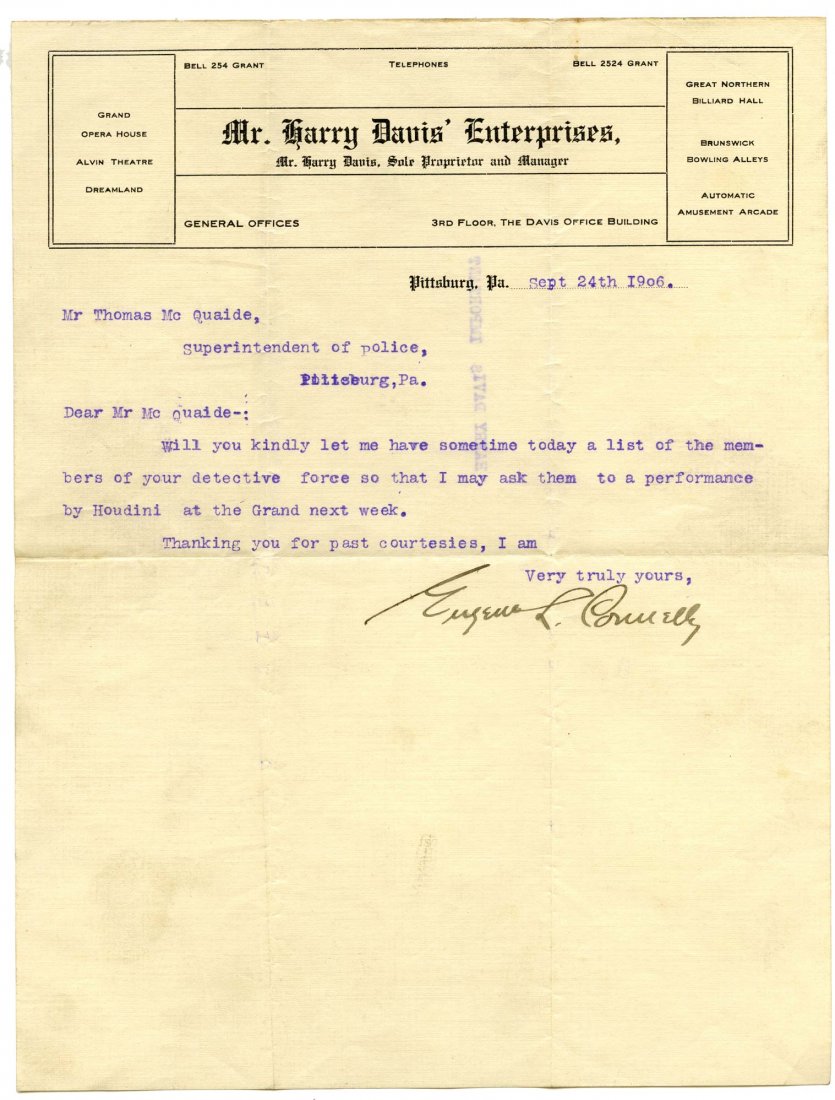 Houdini, Harry. Typed Letter to Superintendent of (1 of 1)