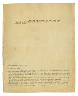 Houdini, Harry. Houdini’s Carbon Copy Letter To Martin: Houdini, Harry. Houdini’s Carbon Copy Letter To Martin Beck Requesting Contract Release. Germany, 1901. Two pages, laid down, bearing a typed note by Houdini reading, “This is the original carbon