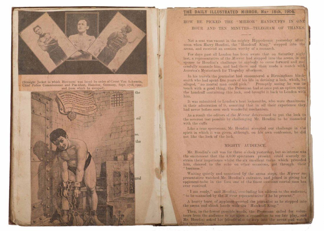 Houdini, Harry. Scrapbook of Houdiniana and Other Magic: Houdini, Harry. Scrapbook of Houdiniana and Other Magic Ephemera. Edmund W. Younger [compiler], 1900s. Approximately 36 pages (8vo) in a French grammar book. Including two early Houdini pitchbooks (on