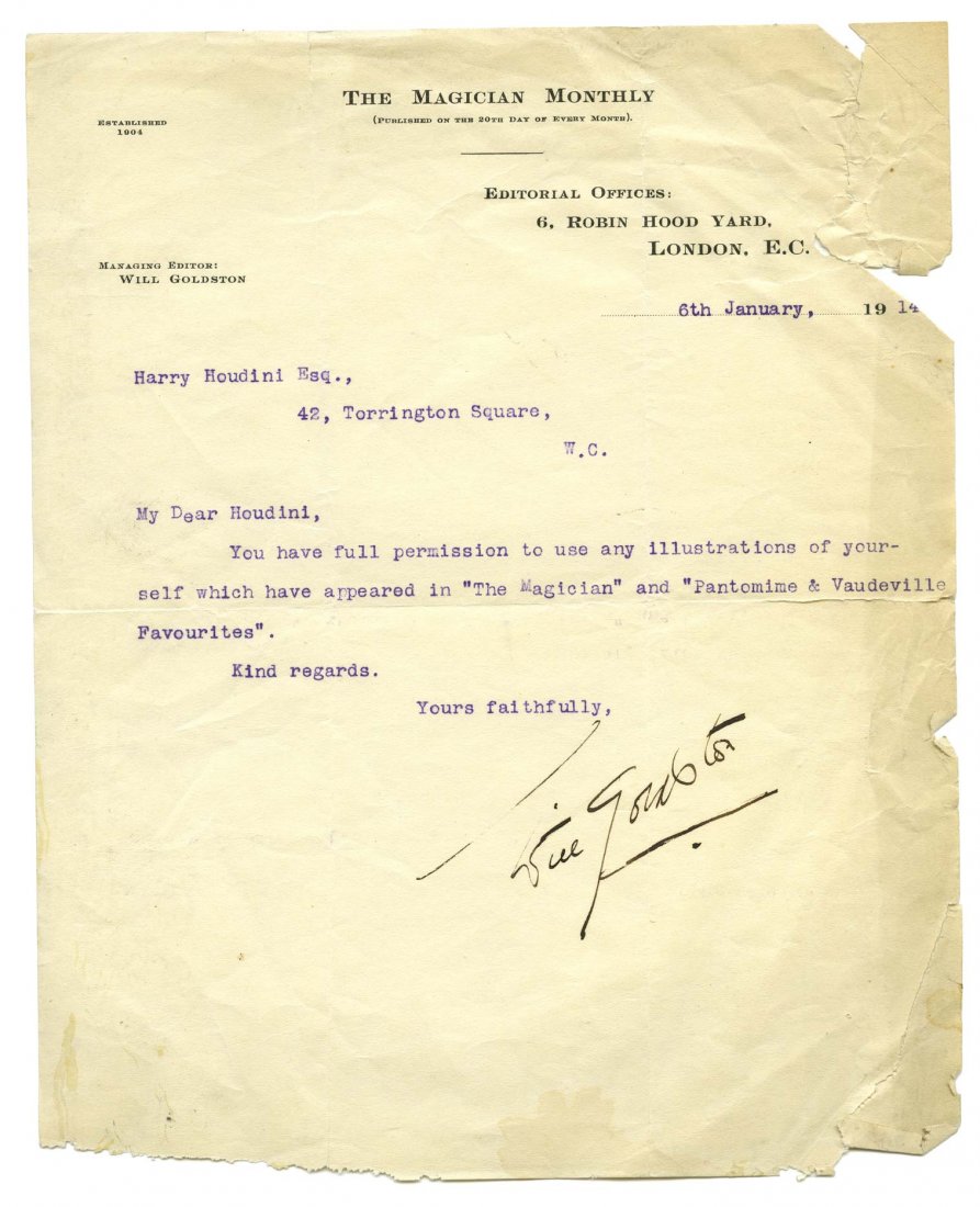 Goldston, Will. Typed Letter Signed, “Will Goldston,” (1 of 1)