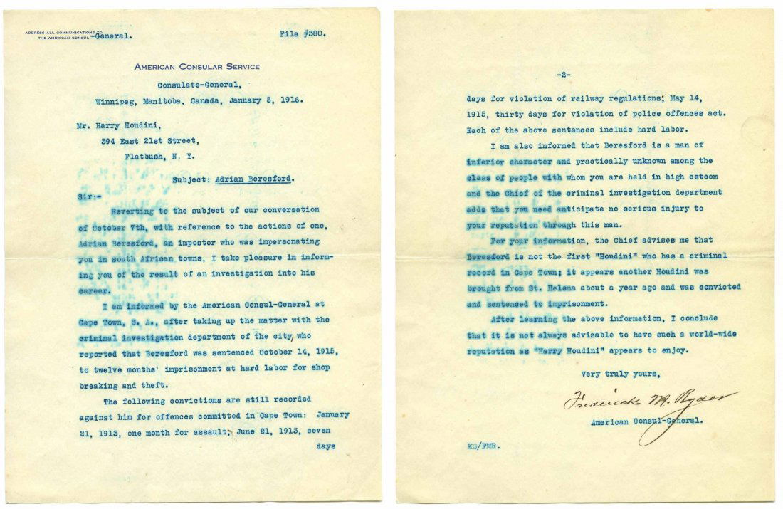 Ryder, Frederick. Typed Letter Signed to Harry Houdini (1 of 1)