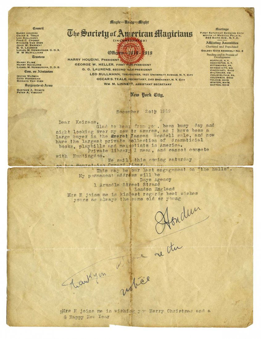 Houdini, Harry. Typed Letter Signed, “Houdini,” to a (1 of 1)