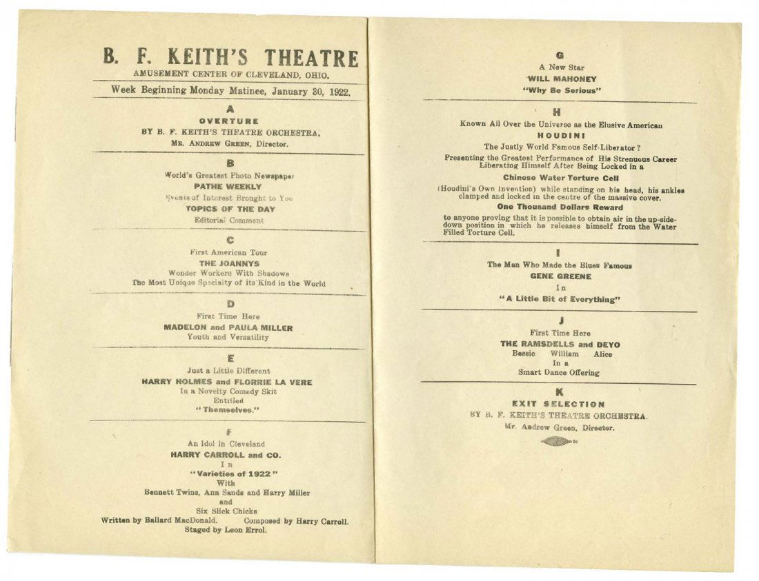 Houdini, Harry. B.F. Keith’s Theatre Matinee Program (1 of 1)