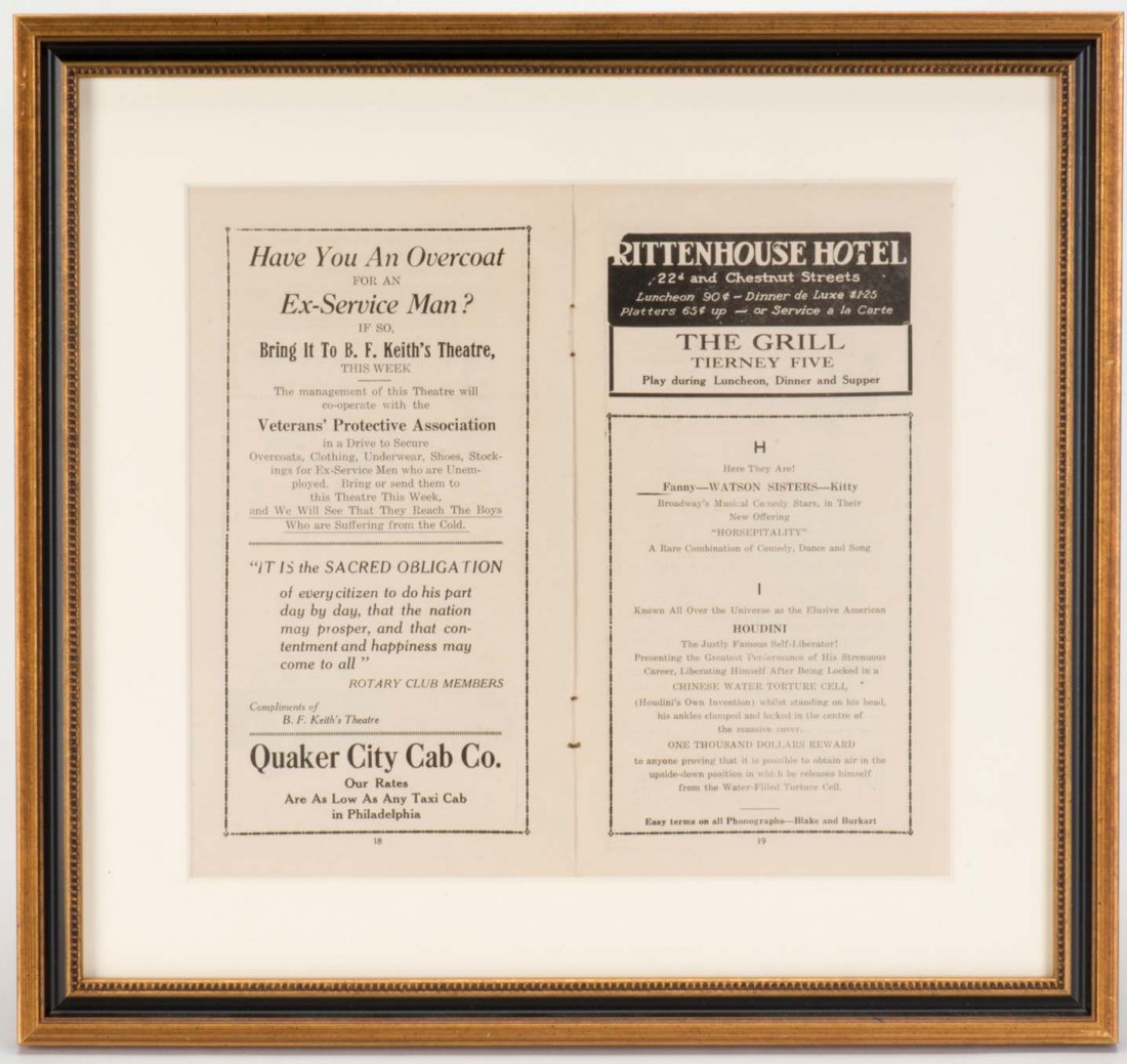 Houdini, Harry. Houdini Theater Program. For an (1 of 2)