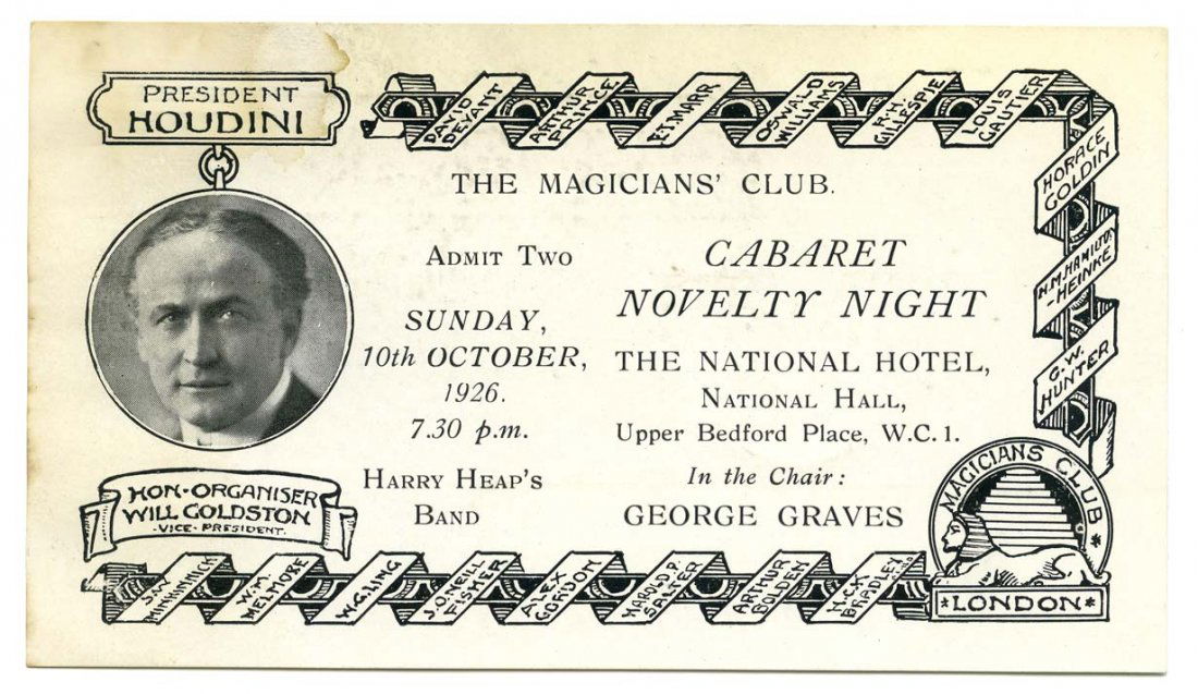 Houdini, Harry. The Magicians’ Club 1926 Invitation. (1 of 1)
